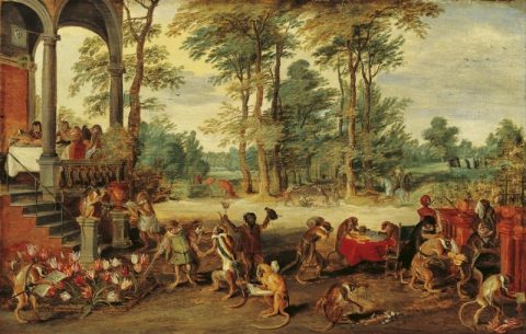 Jan Brueghel the Younger, Satira sulla Tulipomania. Le persone diventano scimmie sottolineando l'irrazionalità dell'evento.