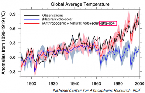 Aumento della temperatura mondiale con e senza il contributo umano. Il riscaldamento globale ormai è un fatto assodato non un'opinione. (NSF)