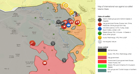 La situazione del conflitto iracheno attorno alla città di Mosul (liveuamap.com).