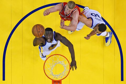 Golden State WarriorsÕ Draymond Green (23) goes up for a rebound in front of Portland Trail Blazers' Mason Plumlee (24) as Golden State WarriorsÕ Stephen Curry (30) guards him in the fourth quarter of Game 5 of the second round of the NBA Western Conference playoffs at Oracle Arena in Oakland, Calif., on Wednesday, May 11, 2016. Golden State defeated Portland 125-121. (Jose Carlos Fajardo/Bay Area News Group)